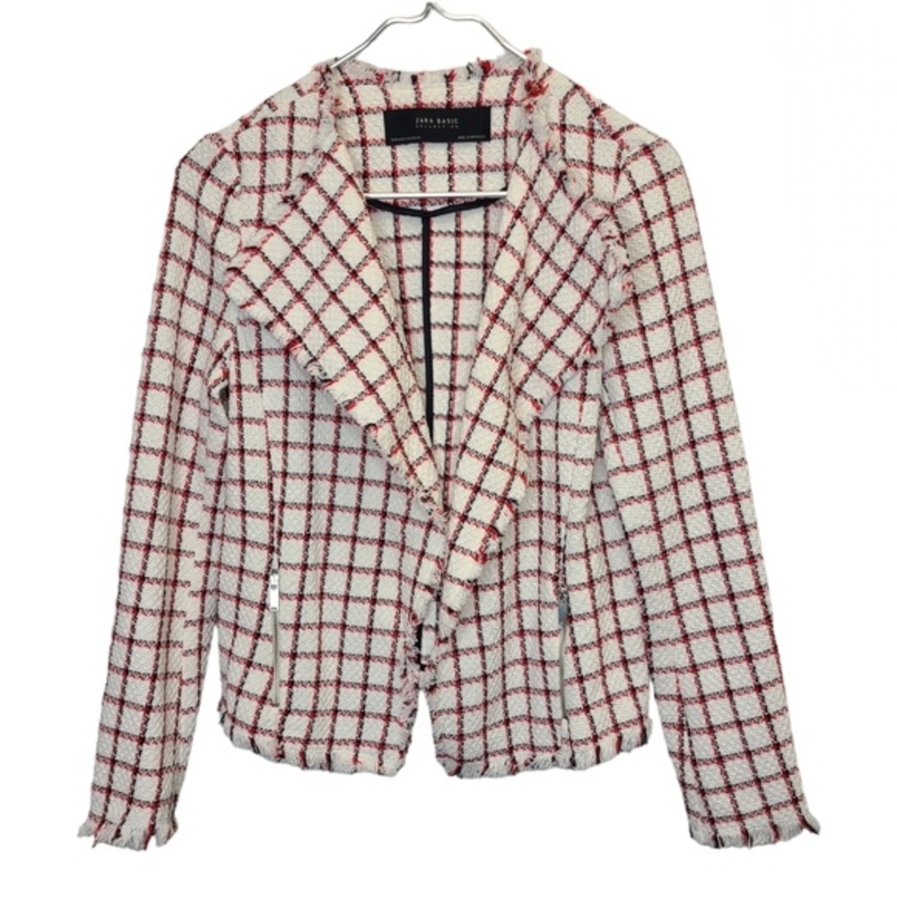 Zara Basic Collection Frayed Tweed Plaid Blazer XS